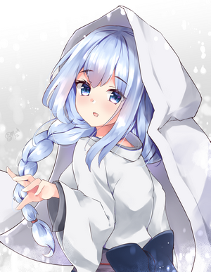 Anime girl with blue hair and white cloak
