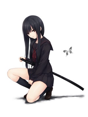 Anime girl with katana and butterfly
