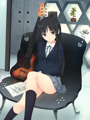 Akiyama Mio from K-ON! sitting with a bass guitar