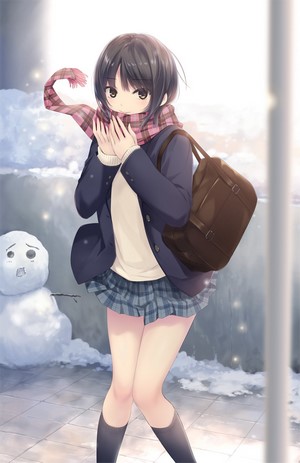 Girl in School Uniform with Scarf and Bag in Snow