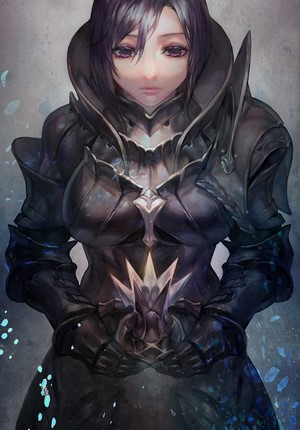Woman in dark armor holding a crystal