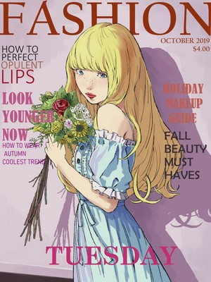 Fashion Magazine Cover with Anime Girl Holding Flowers