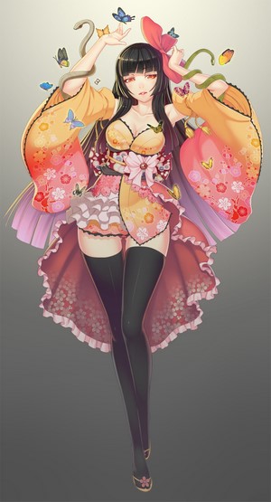 Woman in Kimono with Snakes and Butterflies