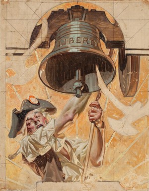 Liberty Bell being rung by a man in colonial attire