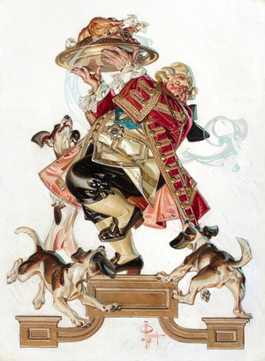 Man in ornate coat carrying roasted chicken with dogs