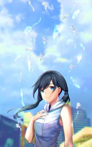 Anime girl with black hair and blue eyes in Tenki no Ko