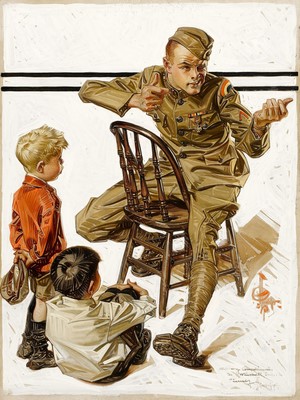 Soldier telling a story to two young boys