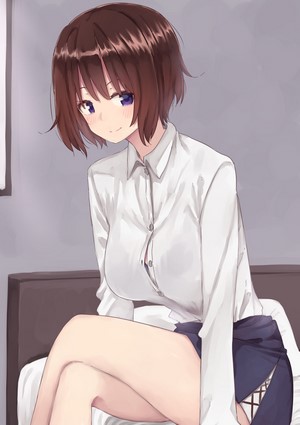 Anime girl with short brown hair and purple eyes