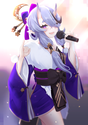 Anime girl with horns singing into a microphone