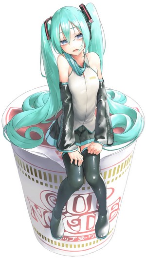 Hatsune Miku sitting on a cup of noodles