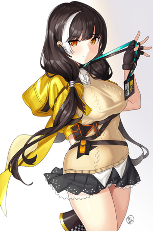 Anime girl with black and white hair, yellow jacket