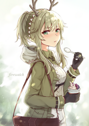 Anime girl with antlers eating ice cream
