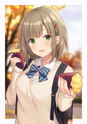 Anime girl holding baked sweet potatoes