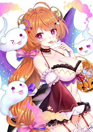 Anime girl with Halloween costume and ghosts