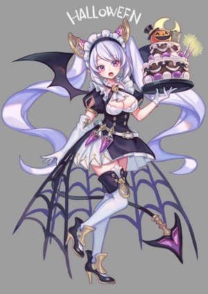 Anime girl in Halloween maid outfit holding cake