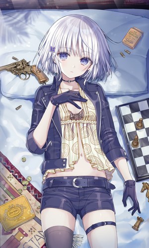 Anime girl with white hair lying down with guns and chess