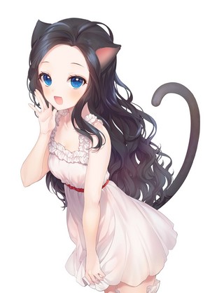 Anime cat girl with black hair and blue eyes