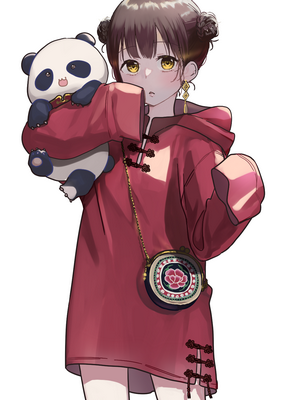 Anime girl in red dress holding a panda plush