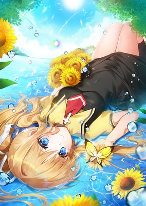 Anime girl with sunflowers lying in water