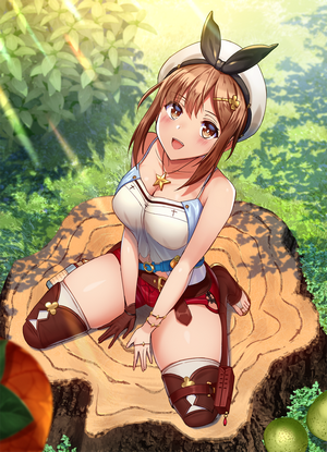 Ryza from Atelier Ryza sitting on a tree stump