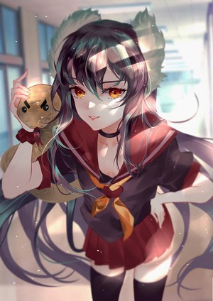 Anime girl with plush toy in school uniform