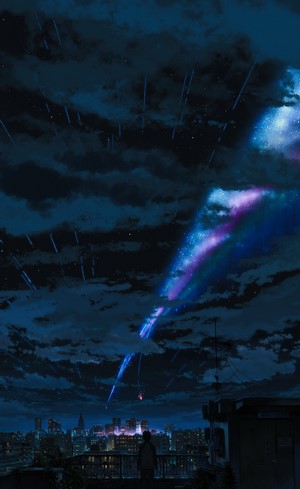 Kimi no Na Wa. Anime cityscape with meteor shower