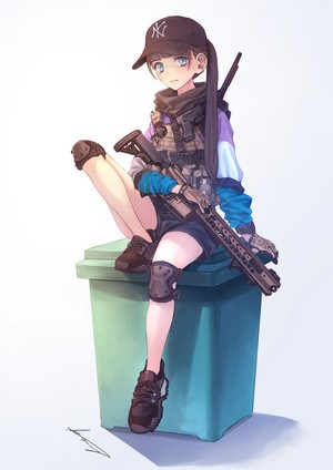 Anime girl with rifle sitting on trash can