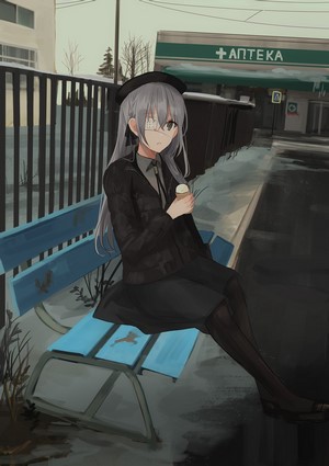 Anime girl with gray hair and eyepatch eating ice cream