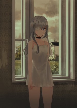 Anime girl with gray hair and eyepatch by window