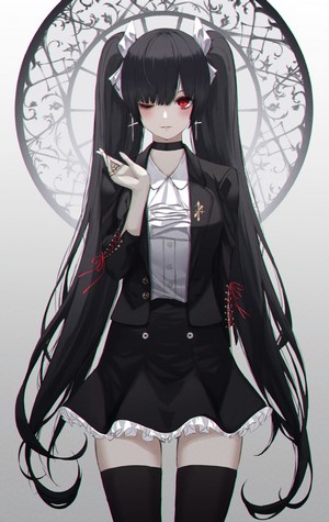 Anime girl with black hair and red eyes