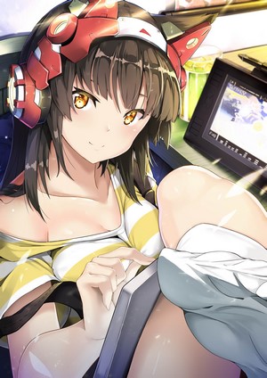 Anime girl with headphones and tablet