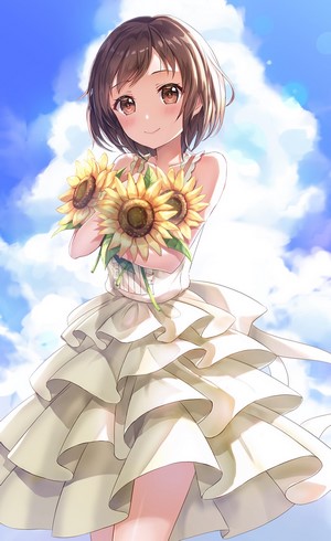 Anime girl holding sunflowers in a white dress