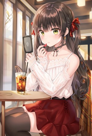 Anime girl applying lipstick at a cafe table