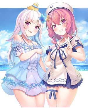 Two anime girls in summer outfits at the beach