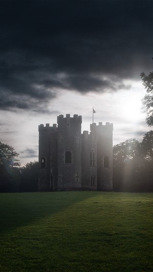Castle on a grassy field at sunset