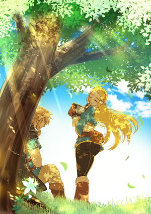 Link and Zelda from The Legend of Zelda under a tree