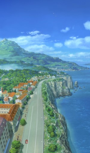 Anime coastal town with mountains and sea