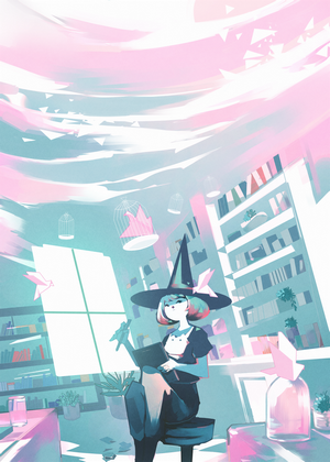 Witch reading a book with a cat in a room with bookshelves