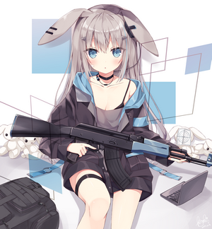 Anime girl with bunny ears holding a rifle