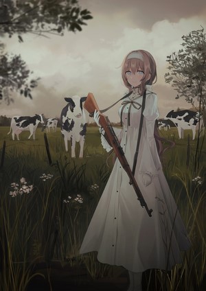 Anime girl with Mosin-Nagant rifle in a field with cows