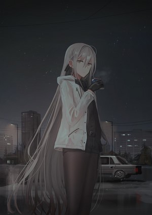 Anime girl with white hair in a white jacket at night
