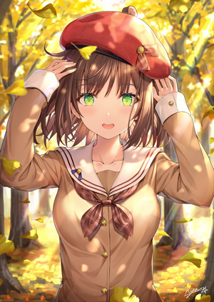 Anime girl in school uniform with red beret in autumn forest