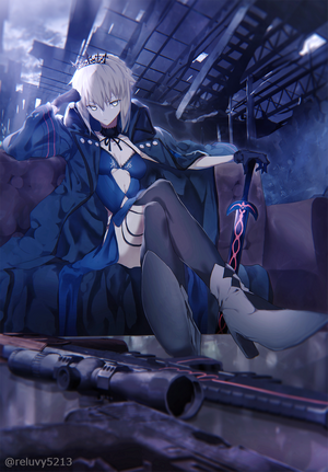 Saber Alter from Fate/Grand Order with a sniper rifle