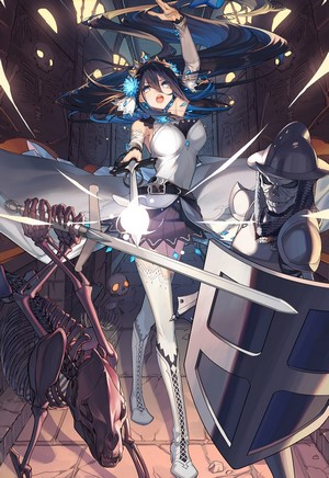 Anime girl with sword fighting skeletons and knight