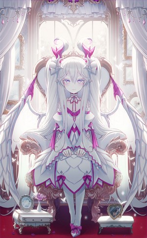Anime girl with white hair and wings sitting on a throne
