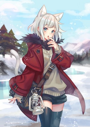 Anime girl with cat ears in winter landscape