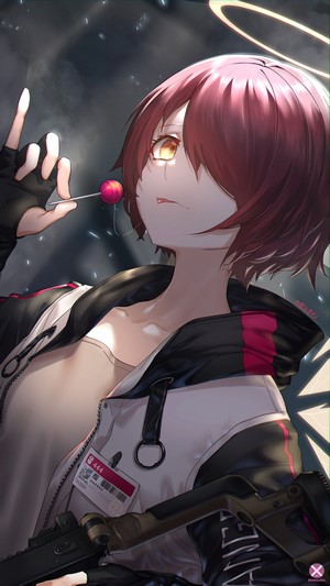 Exusiai from Arknights holding a lollipop