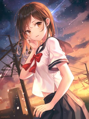 Anime girl in school uniform under starry sky