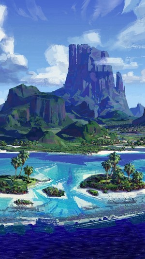 Anime island landscape with mountains and sea
