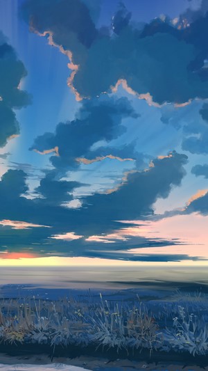 Anime sky with clouds over a grassy field